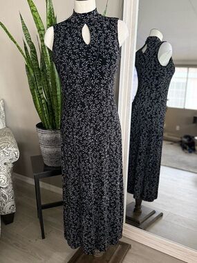 Coldwater Creek Black White Print Dress Keyhole Neck Petite 10P